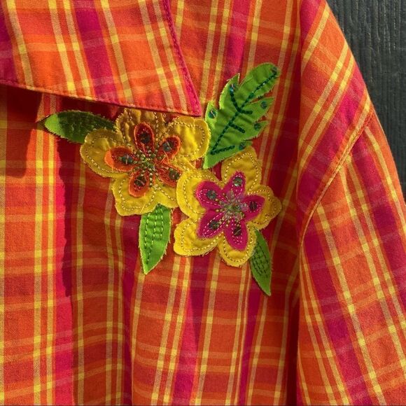 Bechamel Button Up Orange Plaid Floral Applique Shirt XL - Picture 6 of 9